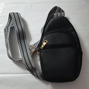 Black Sling Bag with Patterned Strap
